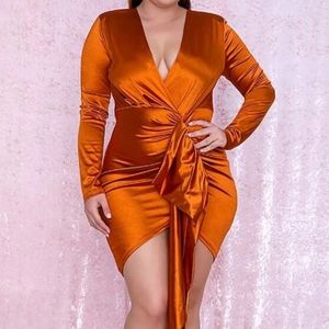Satin Tangerine Plunge Neck Cocktail Dress